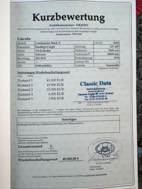 Lincoln Mark Mark V, origInal 32.250 km, Traumzustand,Note 1