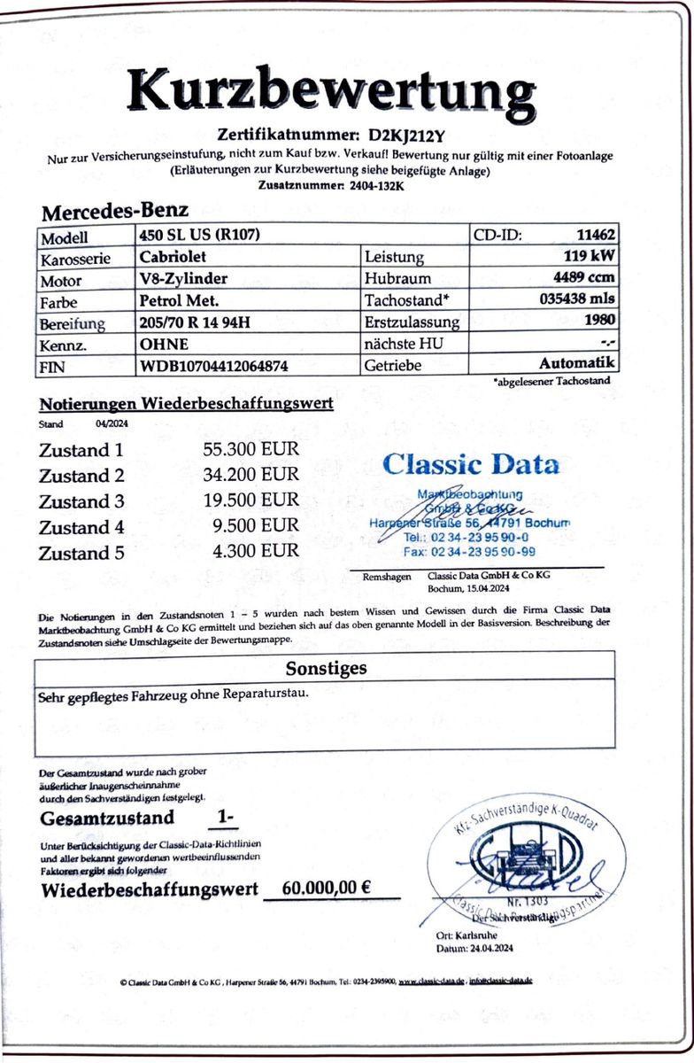 Mercedes-Benz SL 450 450 SL,original 57.100 km, Petrolmet.,Topzustand